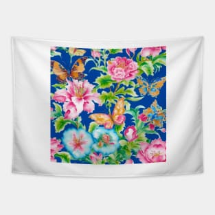 Peonies and butterflies on dark blue Tapestry