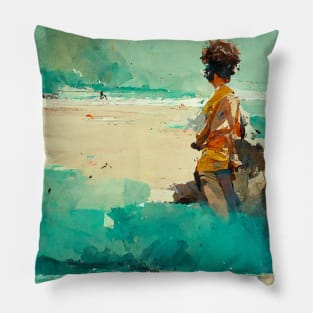 10y old boy playing on the beach Pillow