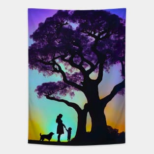 Surreal Aurora Sunset Jacaranda Mother Child and Dog Tapestry