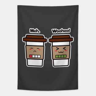 Meh. Woohoo! | Coffee Cup Friends | Charging | Low High Battery | Cute Kawaii | Dark Gray Tapestry