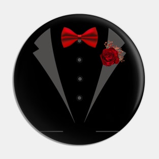 Faux Tuxedo with red bow tie and rose boutonniere Pin