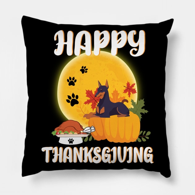 Doberman Pinscher Seeing Turkey Dish Happy Halloween Thanksgiving Merry Christmas Day Pillow by Cowan79