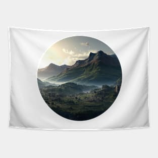 Beautiful mountain landscape in the fog Tapestry