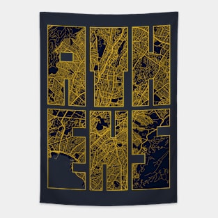 Athens, Greece City Map Typography - Gold Art Deco Tapestry