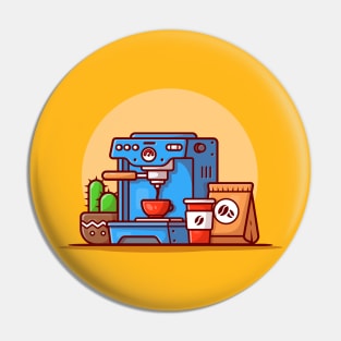 Coffee Machine Espresso, Mugs, Cup And Coffee Pack Cartoon Vector Icon Illustration Pin