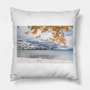 Snow Covered Mountains and Autumn Leaves Reflected in Skaha Lake Pillow