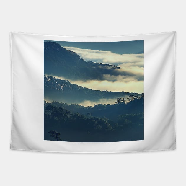 Mountains Covered In Fog, Landscape Photography, Forest Art, Cloudy Sky Tapestry by Nature-Arts