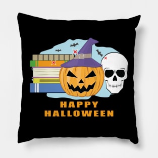 Happy Reading Halloween - Spooky Skull, Pumpkin & Books Pillow