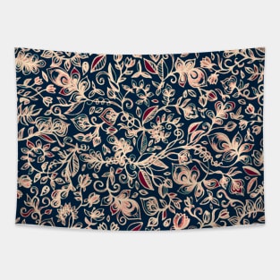Navy Garden - floral doodle pattern in cream, dark red & blue Tapestry