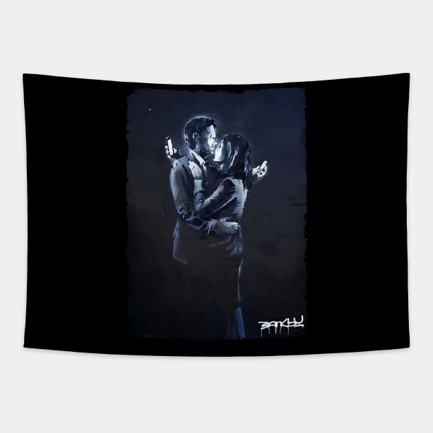 Banksy Mobile Phone Lovers Tapestry by inkstyl