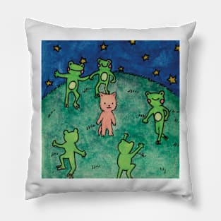 frogs dancing around a cat cottagecore meme watercolor illustration Pillow