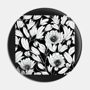 Black and White Vintage Floral Cottagecore Romantic Flower Peony Rose Leaf Design Pin