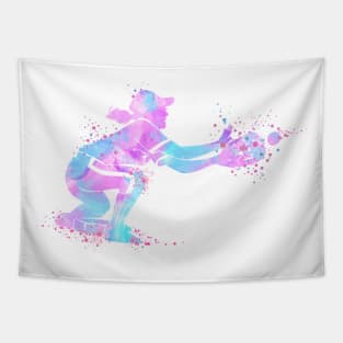 Girl Baseball Catcher Watercolor Aqua Pink Softball Player Tapestry