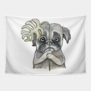 Dog with monstera leaf Tapestry