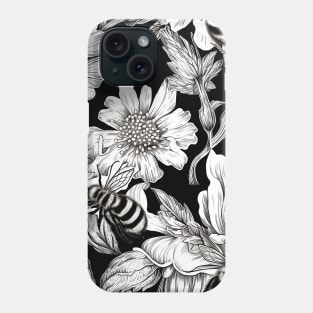 Bees Amidst Flowers Pen And Ink Engraving Phone Case