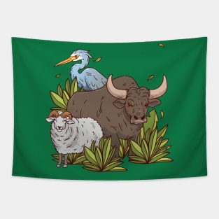 Sheep Bison Bird Hand Drawn Tapestry