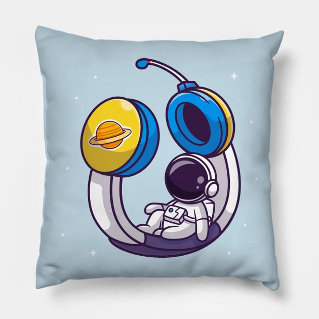 Cute Astronaut Sitting On Headphone In Space Cartoon Pillow by Catalyst Labs