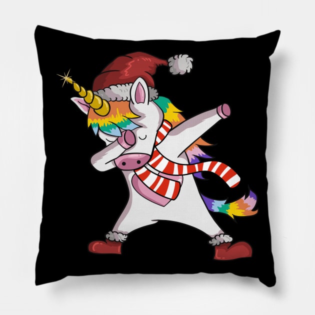 Unicorn Wearing Santa Hat, Showing Scarf And The Trendy Dab Dance Pose Of Rainbow Unicorns Pillow by mittievance