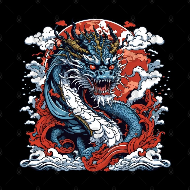 Dragon against the backdrop of a setting sun bathed in ocean waves by T-Shirt Paradise