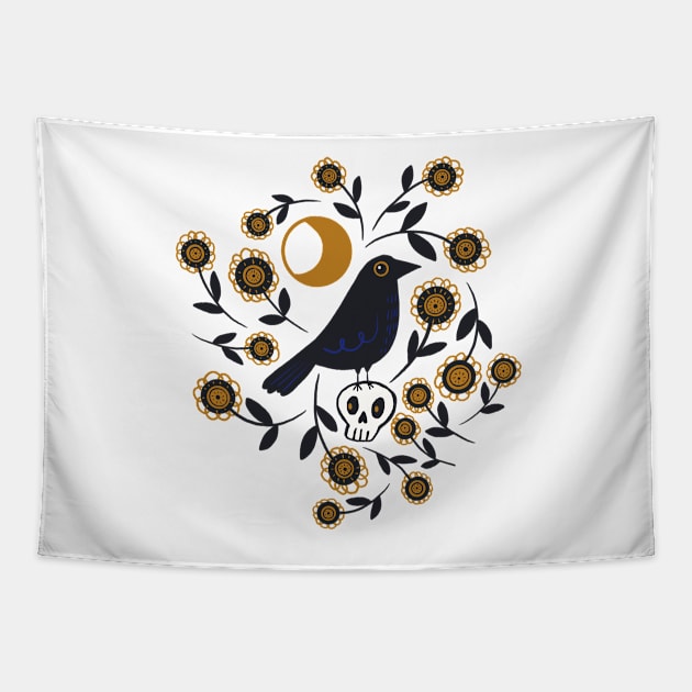 Crow on Skull under the Moon Surrounded by Flowers Tapestry by StephersMc