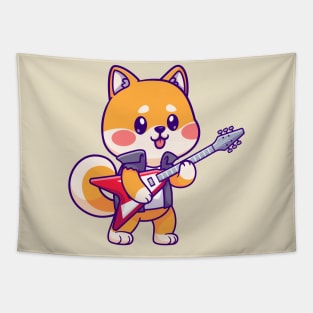 Cute Shiba Inu Playing Electric Guitar Cartoon Tapestry