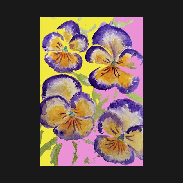 Viola Watercolor Purple Floral Pattern on Yellow and Pink by SarahRajkotwala