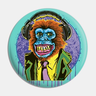 Psychedelic Chimp Sporting Headphones Pin