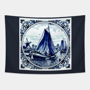 Dutch Blue Delft Windmills and Sailboats Print Tapestry