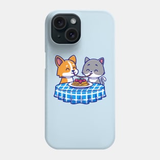 Cute Couple Cat And Corgi Dog Eating Spaghetti Together Cartoon Phone Case