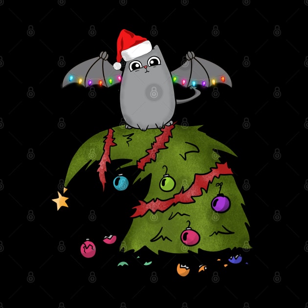 Bat Dragon Cat with Santa Hat on Christmas Tree by Wanderer Bat