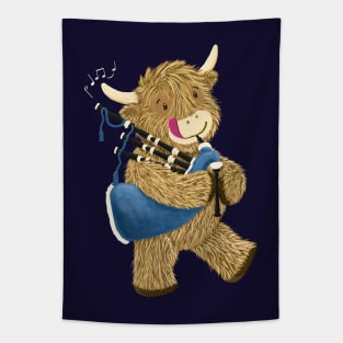 Wee Hamish The Happy Scottish Highland Cow Playing Bagpipes Tapestry