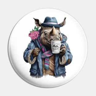 Rhinoceros wearing a jackets holding a cup coffee Pin