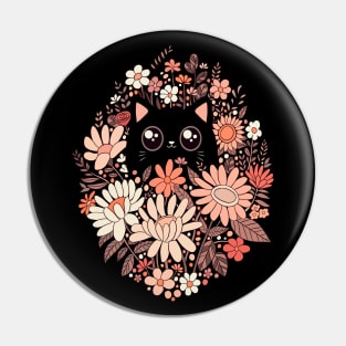 Cute black cat with pink wildflowe Pin