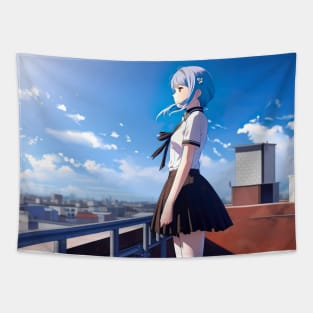 Anime Schoolgirl on Rooftop with City View - Anime Wallpaper Tapestry