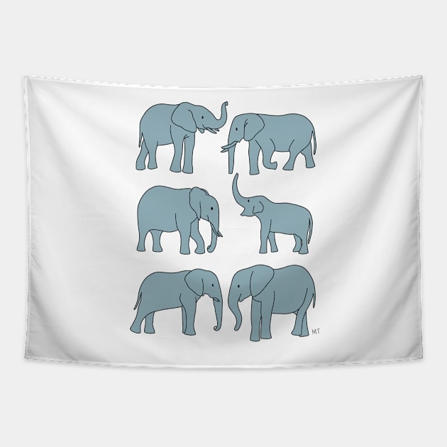 Elephants Line Art - Gray Blue Tapestry by monitdesign