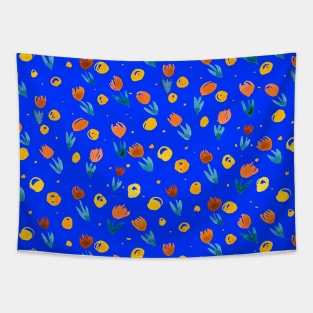 Watercolor tulips pattern - blue and orange Tapestry
