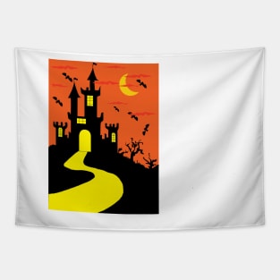 Halloween With Moon Orange Palace And Bat Silhouette Tapestry