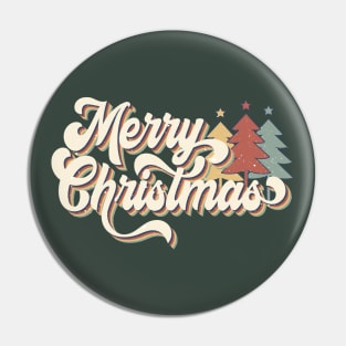 Retro Vintage 70s Merry Christmas Trees Typography Pin