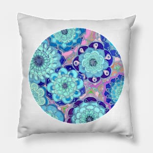 Radiant Cyan & Purple Stained Glass Floral Mandalas Pillow