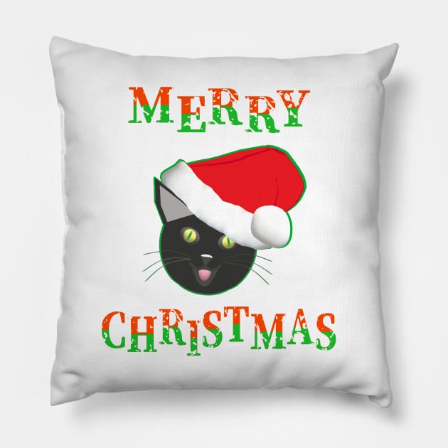 Merry Christmas Smiling Cat Wearing a Santa Claus Hat (White Background) Pillow by Art By LM Designs 