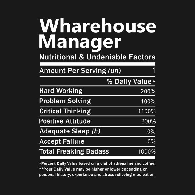 Wharehouse Manager T Shirt - Nutritional and Undeniable Factors Gift Item Tee by Ryalgi