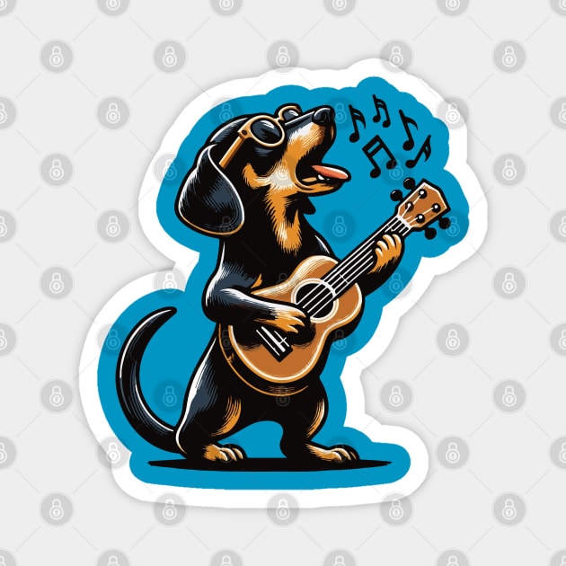 Dog Playing Guitar Singing Dachshund Wiener Dog Funny Magnet by BraaiNinja