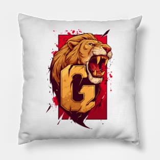 Roaring Lion and the Letter G - Red Backdrop - Fantasy Pillow