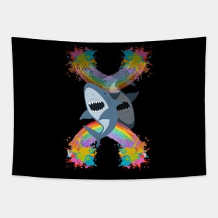 Chromatic Encounter: Sharks and Rainbows Tapestry