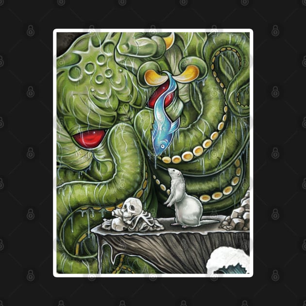 Cthulhu Feeding Ferret - White Outlined Version by Nat Ewert Art