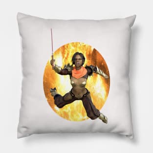 Warrior woman leaping from flames sword and armor Pillow