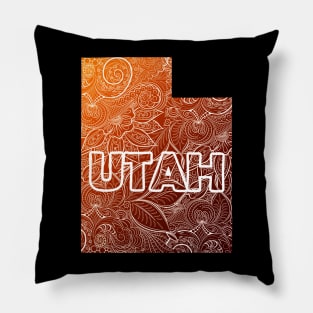 Colorful mandala art map of Utah with text in brown and orange Pillow