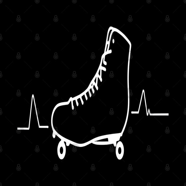 Roller Skate line drawing and heartbeat in white for skaters and roller derby fans by Customo