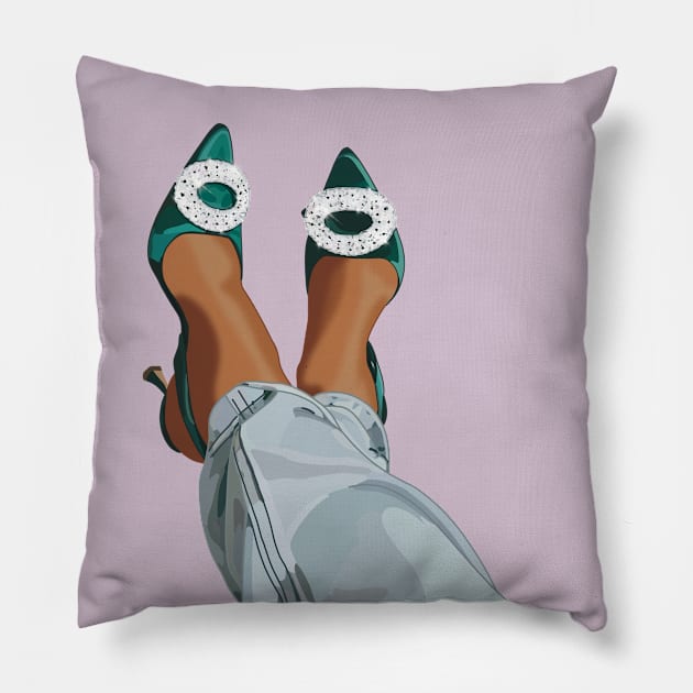 Emerald green stain shoes with a diamanté's brooch worn with boyfriend jeans Pillow by Tana B 