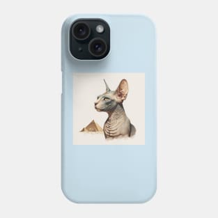 Illustration of a grey sphinx cat looking away against the pyramids on the beige background Phone Case